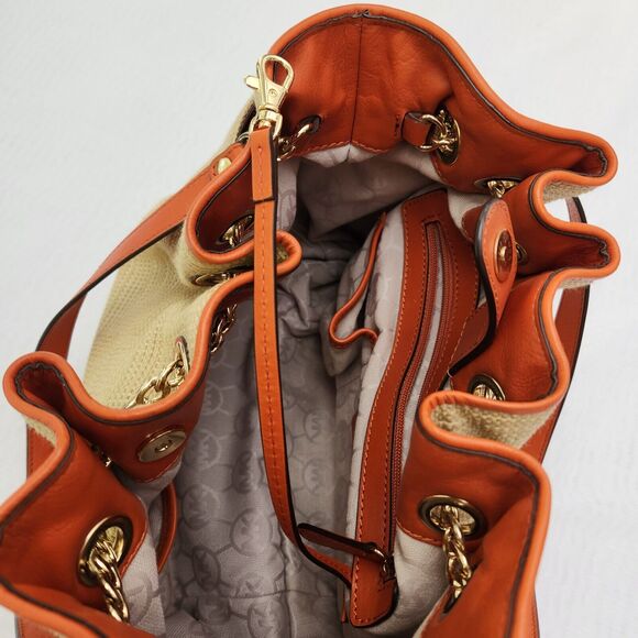 MICHAEL KORS Handbag Women Natural Burlap Canvas & Leather Strap Gold Chain Link - Picture 8 of 15